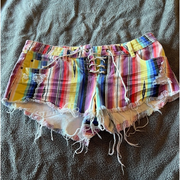 Billabong Lite Hearted rainbow striped cheeky denim shorts - Picture 1 of 3